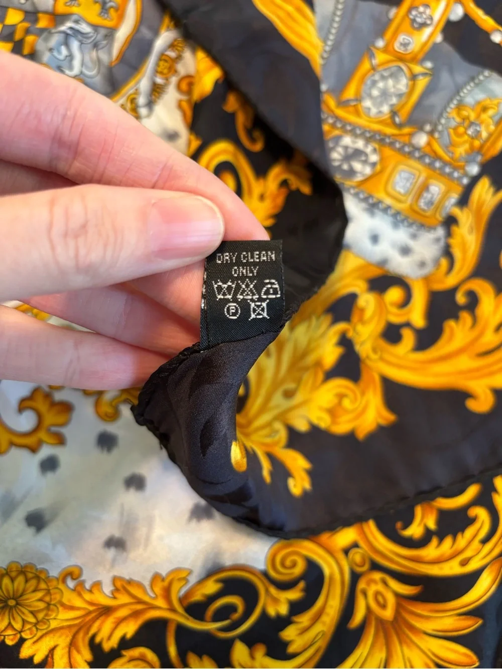 Vintage silk scarf with gold crowns and ornate scrollwork 33x33